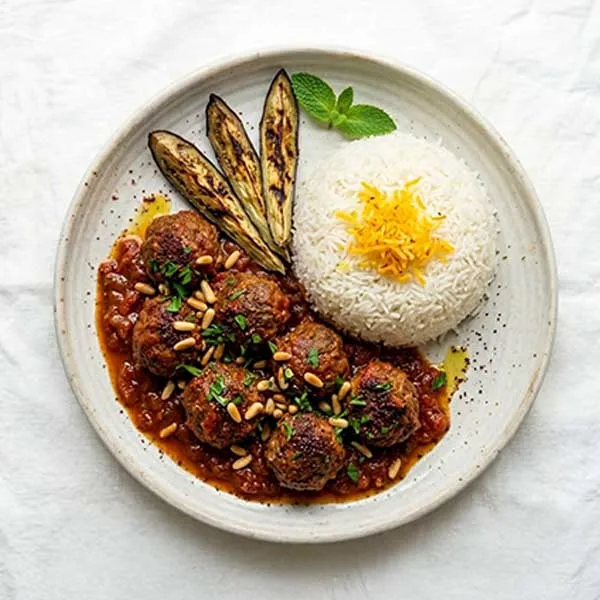 Beef kabab Sumac in tomato sauce with roasted eggplant & rice
